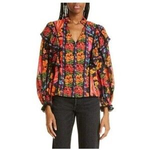 Farm Rio Women's Black Spring Banana Cotton Ruffle Blouse Size S NWOT